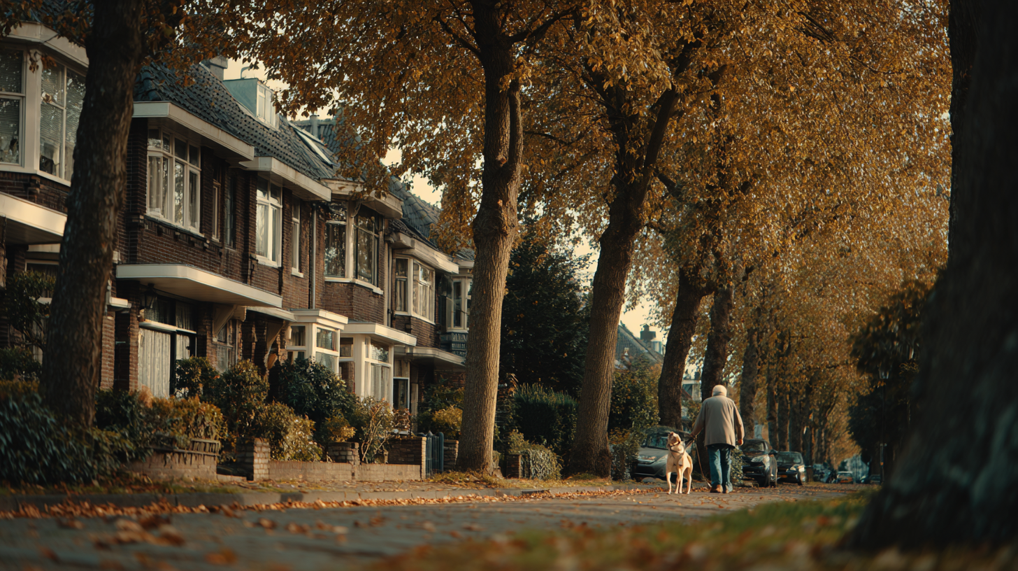 Bewoner met hond in een gevestigde woonwijk tijdens de herfst